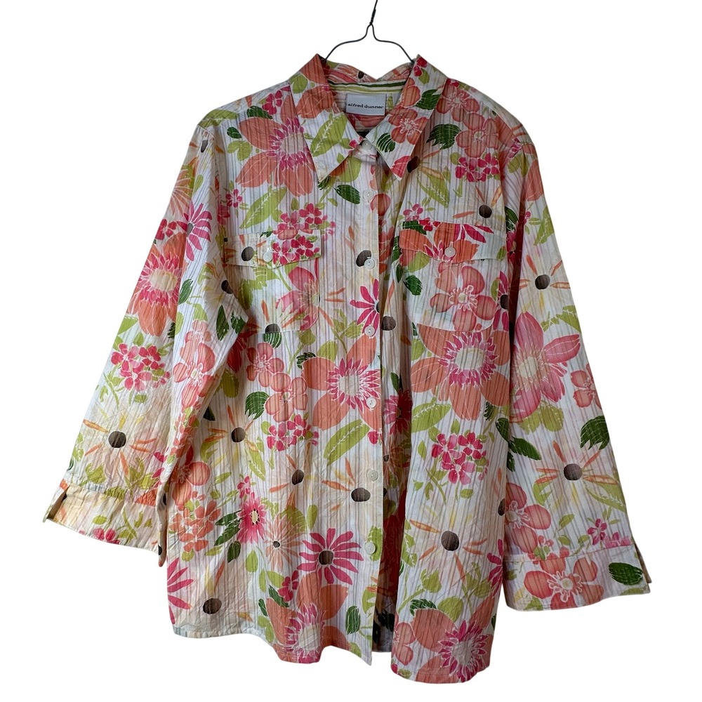 Alfred Dunner Pink Orange Floral Button Front Blouse 3/4 Sleeve Size 16 Tropical